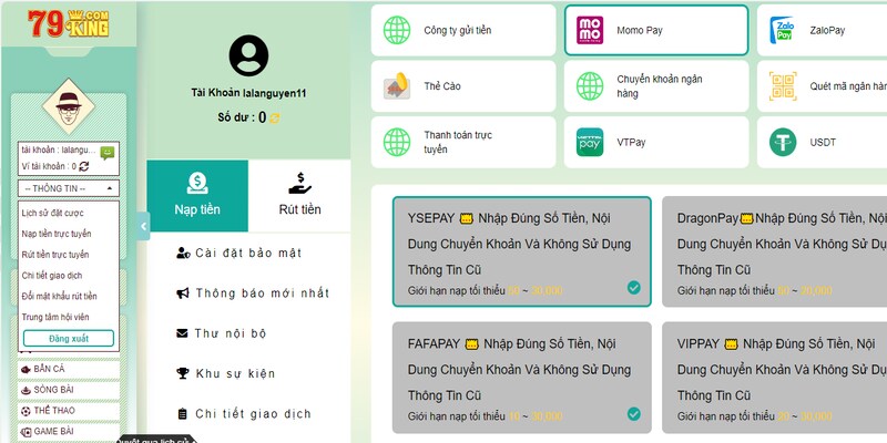 Quy trình nạp tiền vào 79king thông qua các loại ví điện tử